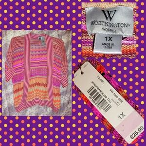 Worthington brand Pink/Orange/Multiclr Striped Knit Shrug/Cardigan 1X(16/18W)